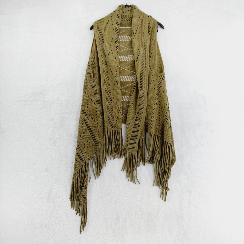 Sapphire Olive Green Crochet Knit Fringe Cardigan Vest P417